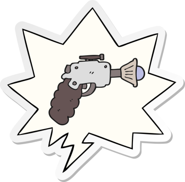 Bir insan tarafından çizilmiş konuşma balonu çıkartmalı karikatür ışın silahı.