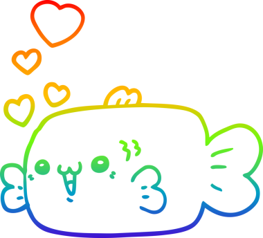 Gökkuşağı gradyan çizgisi bir insan tarafından çizilmiş sevgi dolu kalpleri olan şirin bir balığın çizimi.