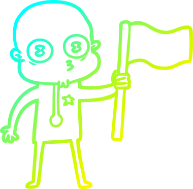 Bir insan tarafından çizilmiş bayraklı garip kel bir uzay adamının soğuk çizgi çizimi.