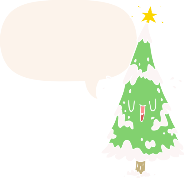 Karlı bir karlı Noel ağacı, gülen yüzlü, retro tarzı konuşma balonu olan bir insan tarafından çizilmiş.
