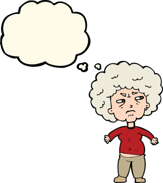 Bir insan tarafından çizilmiş düşünce baloncuğuyla yaşlı bir kadını rahatsız eden çizgi film.