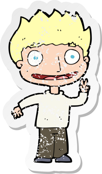 Bir insan tarafından çizilen mutlu çocuk çizgi filminin kederli retro yapıştırması.