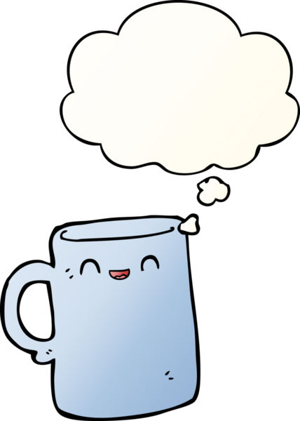 Bir insan tarafından çizilmiş, düşünce baloncuklu çizgi film kupası.