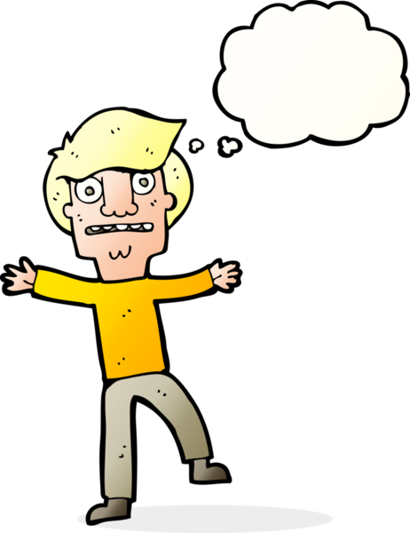 Bir insan tarafından çizilen düşünce baloncuğuyla panikleyen çizgi film çocuğu.