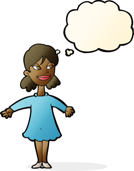 Bir insan tarafından çizilmiş düşünce balonlu açık kollu çizgi film kadını.