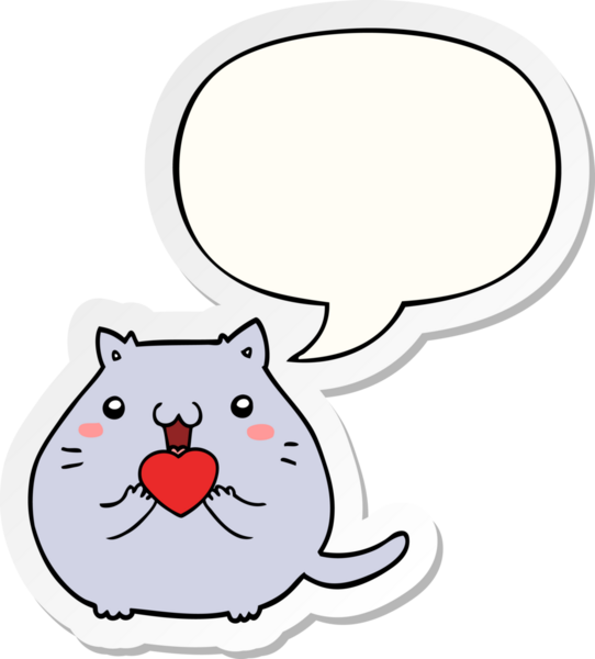 Bir insan tarafından çizilmiş baloncuk çıkartmasına aşık sevimli çizgi film kedisi.