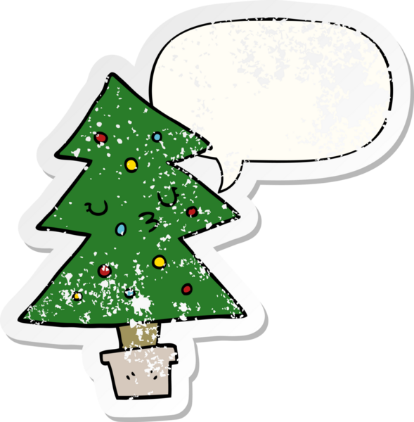 Bir insan tarafından çizilmiş, sıkıntılı, eski bir çıkartma olan, konuşma baloncuklu bir çizgi film Noel ağacı.