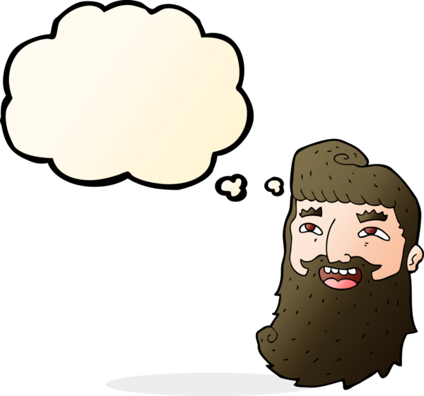 Bir insan tarafından çizilmiş düşünce baloncuğuyla gülen sakallı bir adam.