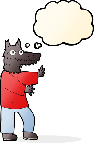 Bir insan tarafından çizilmiş düşünce balonu olan komik bir kurt adam.