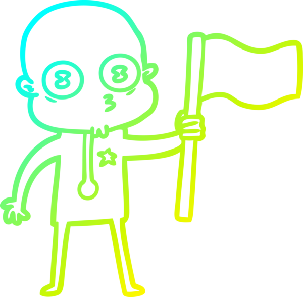 Bir insan tarafından çizilmiş bayraklı garip kel bir uzay adamının soğuk çizgi çizimi.