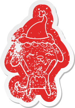 Mutlu bir çizgi film. Bir insan tarafından çizilmiş Noel Baba şapkası takan bir köpeğin hüzünlü çıkartması.