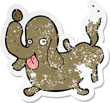 Bir insan tarafından çizilmiş dilden fırlayan çizgi film köpeğinin gerilmiş yapıştırması.