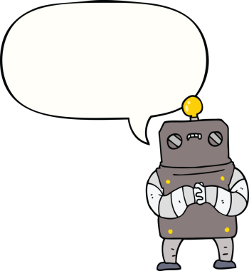 Bir insan tarafından çizilmiş konuşma balonu olan çizgi film robotu.