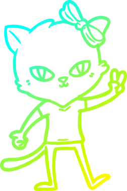 Bir insan tarafından çizilmiş barış işareti veren sevimli bir kedi çizgi film çizimi.