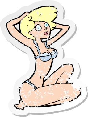 Bir insanın çizdiği karikatür iç çamaşırı modelinin gerilimli retro etiketi.