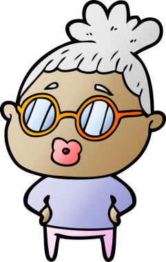 Bir insan tarafından çizilmiş gözlüklü bir kütüphaneci kadın.