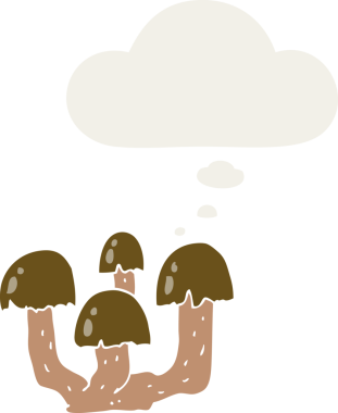 Düşünce baloncuğu olan karikatür mantarları insan tarafından çizilmiş.