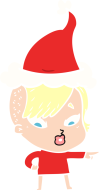 Bir insan tarafından çizilmiş Noel Baba şapkası giymiş şaşırmış bir kızın el çizimi düz bir çizimi.