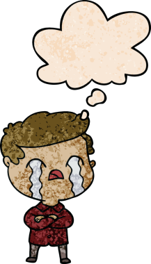 Bir insan tarafından çizilmiş grunge desenli düşünce balonuyla ağlayan çizgi film adamı.