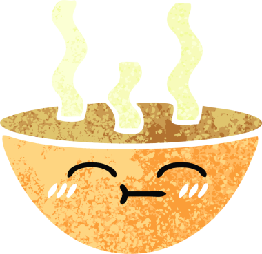 Bir insan tarafından çizilmiş sıcak bir çorba kasesinin retro çizim tarzı karikatürü.