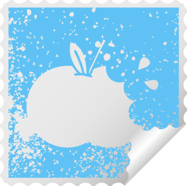 Bir insan tarafından çizilmiş sulu bir elmanın kare soyma etiketi.