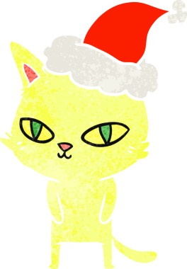 Bir insan tarafından çizilmiş parlak gözlü, Noel Baba şapkası takan bir kedinin eski çizgi filmi.
