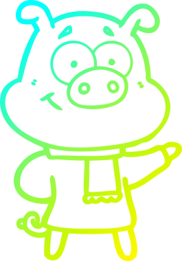 Bir insan tarafından çizilmiş soğuk giysili mutlu bir domuzun çizimi.