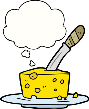 Bir insan tarafından çizilmiş düşünce baloncuklu çizgi film peyniri.
