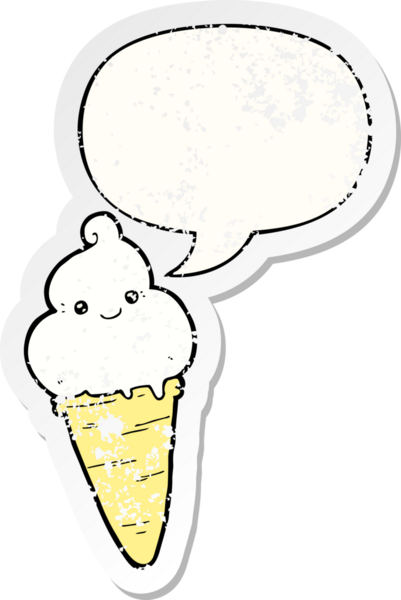 Konuşma balonlu çizgi film dondurması bir insan tarafından çizilmiş sıkıntılı eski bir çıkartma