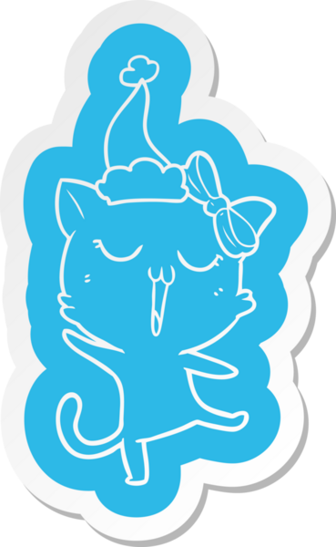 Bir insan tarafından çizilmiş Noel Baba şapkası takan bir kedinin garip karikatür çıkartması.