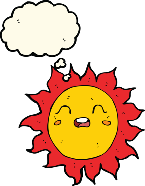 Bir insan tarafından çizilmiş düşünce baloncuklu çizgi film güneşi.