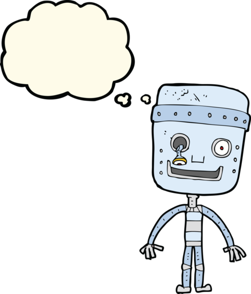 Bir insan tarafından çizilmiş düşünce baloncuklu komik robot.