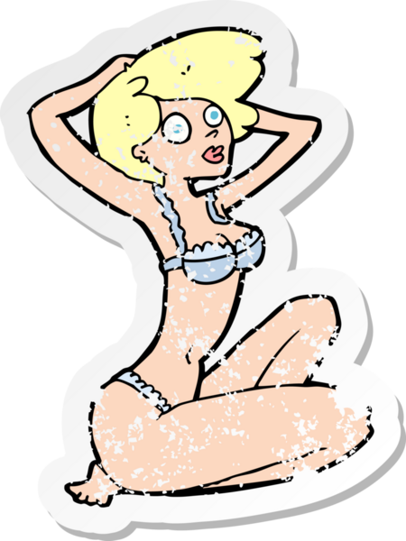 Bir insanın çizdiği karikatür iç çamaşırı modelinin gerilimli retro etiketi.