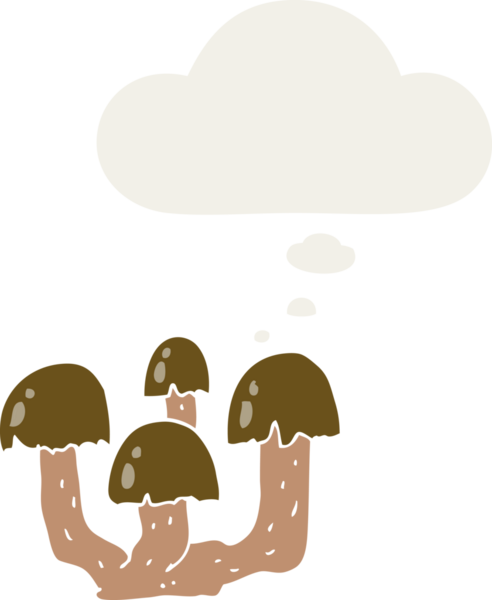 Düşünce baloncuğu olan karikatür mantarları insan tarafından çizilmiş.