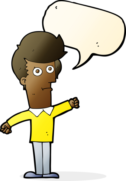 Bir insan tarafından çizilmiş konuşma balonuyla yumruk atan karikatür adamı.