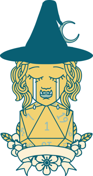 Retro Dövme Tarzı Ağlayan Yarı Ork Cadı Karakteri Bir insan tarafından çizilmiş doğal bir rulo