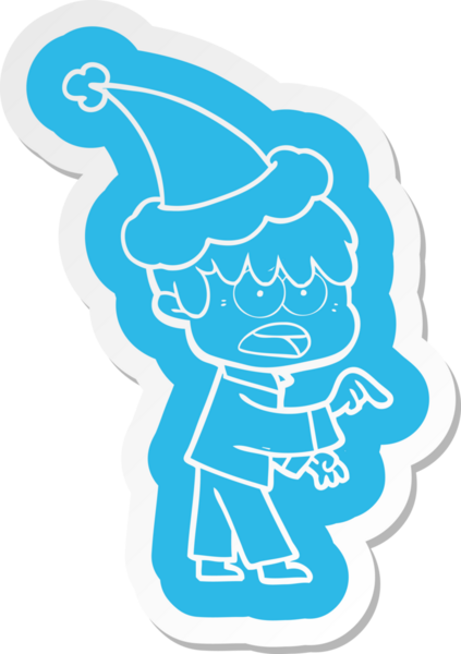 Bir insan tarafından çizilmiş Noel Baba şapkası takan bir çocuğun garip çizgi film çıkartması.