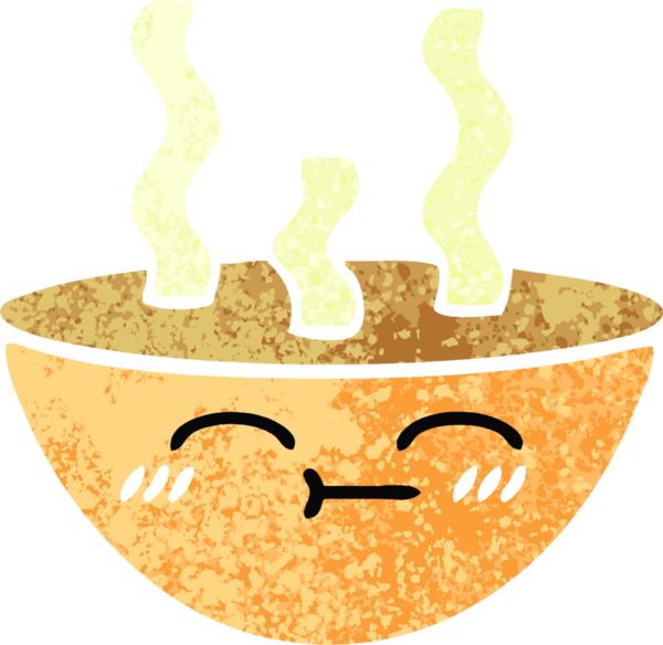 Bir insan tarafından çizilmiş sıcak bir çorba kasesinin retro çizim tarzı karikatürü.