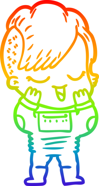 Gökkuşağı gradyan çizgisi çizimi. Uzay elbisesi içindeki mutlu bir kız. Bir insan tarafından çizilmiş.