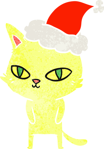 Bir insan tarafından çizilmiş parlak gözlü, Noel Baba şapkası takan bir kedinin eski çizgi filmi.