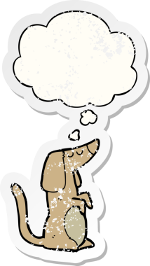 Düşünce baloncuğu olan çizgi film köpeği insan tarafından çizilmiş yıpranmış bir çıkartma gibi.