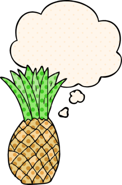 Çizgi roman tarzında bir insan tarafından çizilmiş düşünce baloncuklu çizgi film ananası.