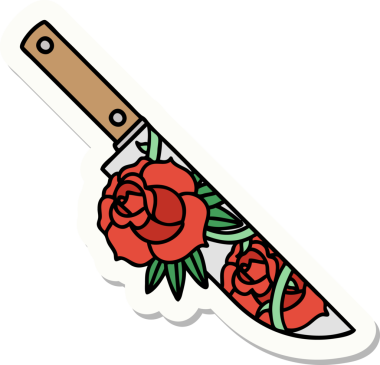 Geleneksel bir hançer stili dövme çıkartması ve bir insan tarafından çizilmiş çiçekler.