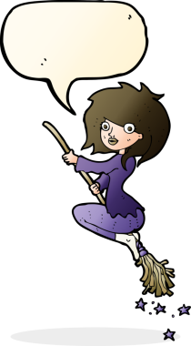 Bir insan tarafından çizilmiş konuşma balonuyla süpürgeye binen cadı çizgi filmi.