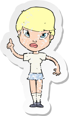 İnsan tarafından çizilmiş bir fikri olan karikatür bir kadının gerilimli retro yapıştırması.