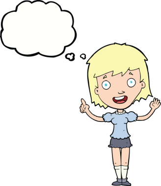 Bir insan tarafından çizilmiş düşünce balonuyla işaret eden çizgi film kadını.