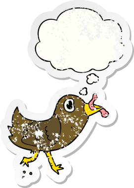 Düşünce baloncuklu solucanlı çizgi film kuşu insan tarafından çizilmiş yıpranmış bir çıkartma gibi.