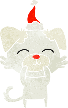 Bir insan tarafından çizilmiş Noel Baba şapkası takan bir köpeğin retro karikatürü.