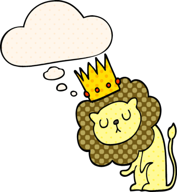 Karikatür aslanı ve bir insan tarafından çizilmiş düşünce baloncuğu.