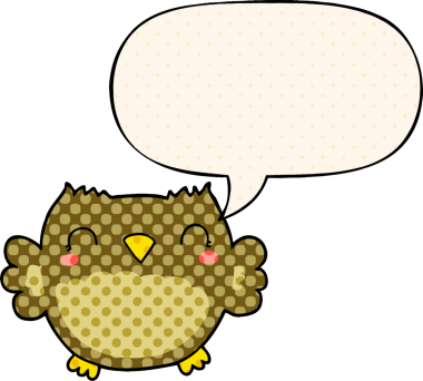 Bir insan tarafından çizilmiş çizgi roman tarzında konuşma balonu olan sevimli bir baykuş.